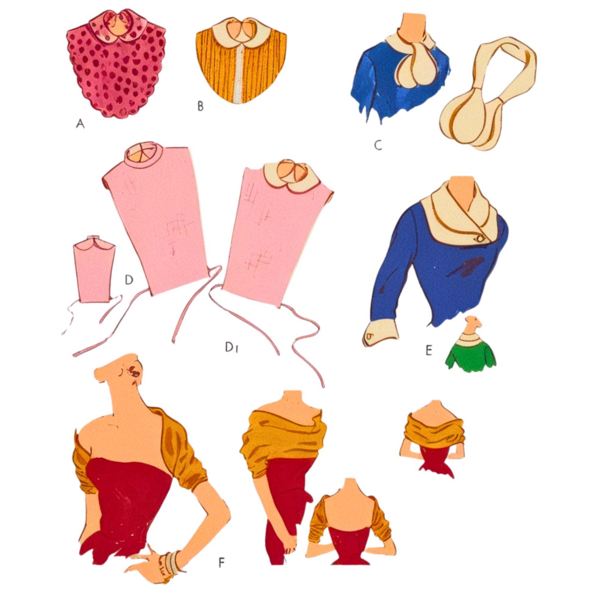Illustrations of clothing pieces and a paper doll with assembled outfit on a white background
