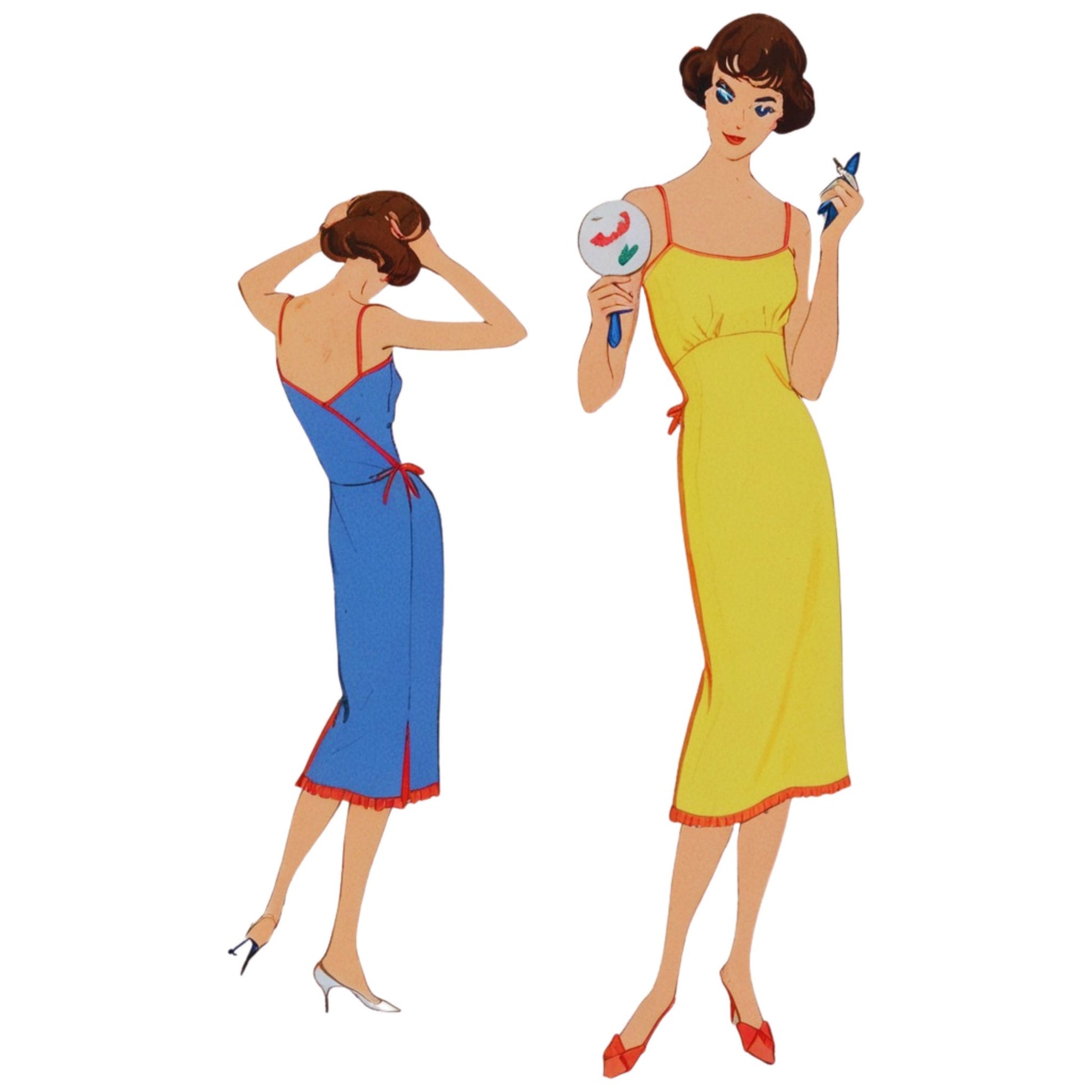 Illustration of two women in colorful dresses, one applying makeup and the other looking in a mirror.