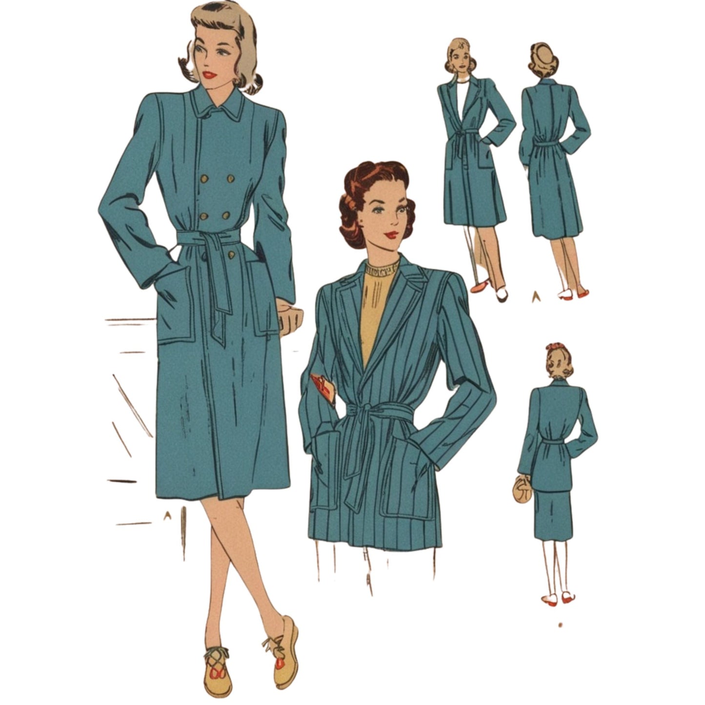 Vintage-style illustration of a woman wearing a teal coat with multiple views and measurements.