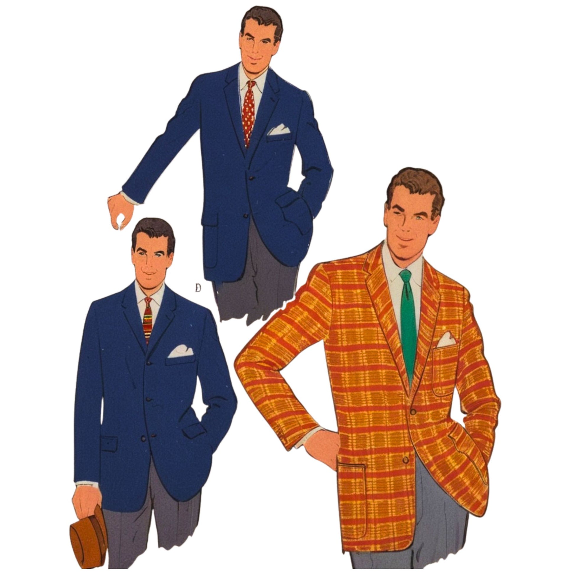 Three vintage-style men's suits with different patterns on a white background