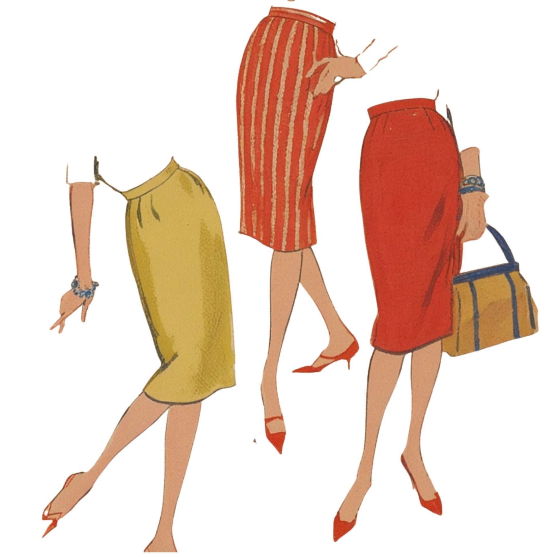 Illustrations of women wearing different colored skirts with accessories on a white background
