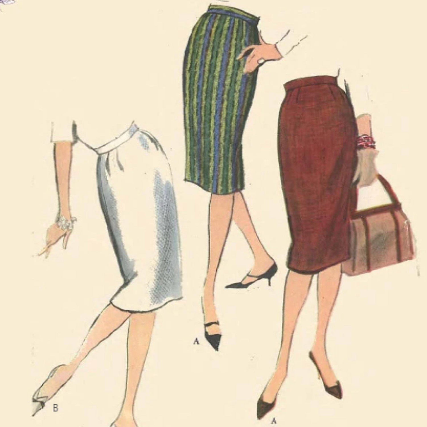 White, green and red skirt with a bag and bracelet.  pencil skirt sewing patterns from the 1950s
