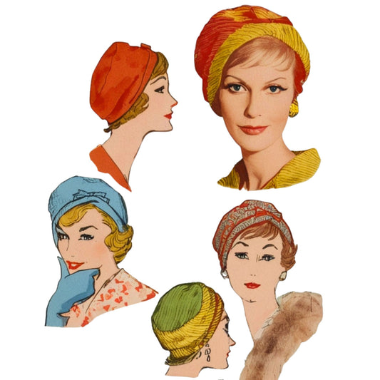 Illustrations of women wearing colorful headscarves on a white background