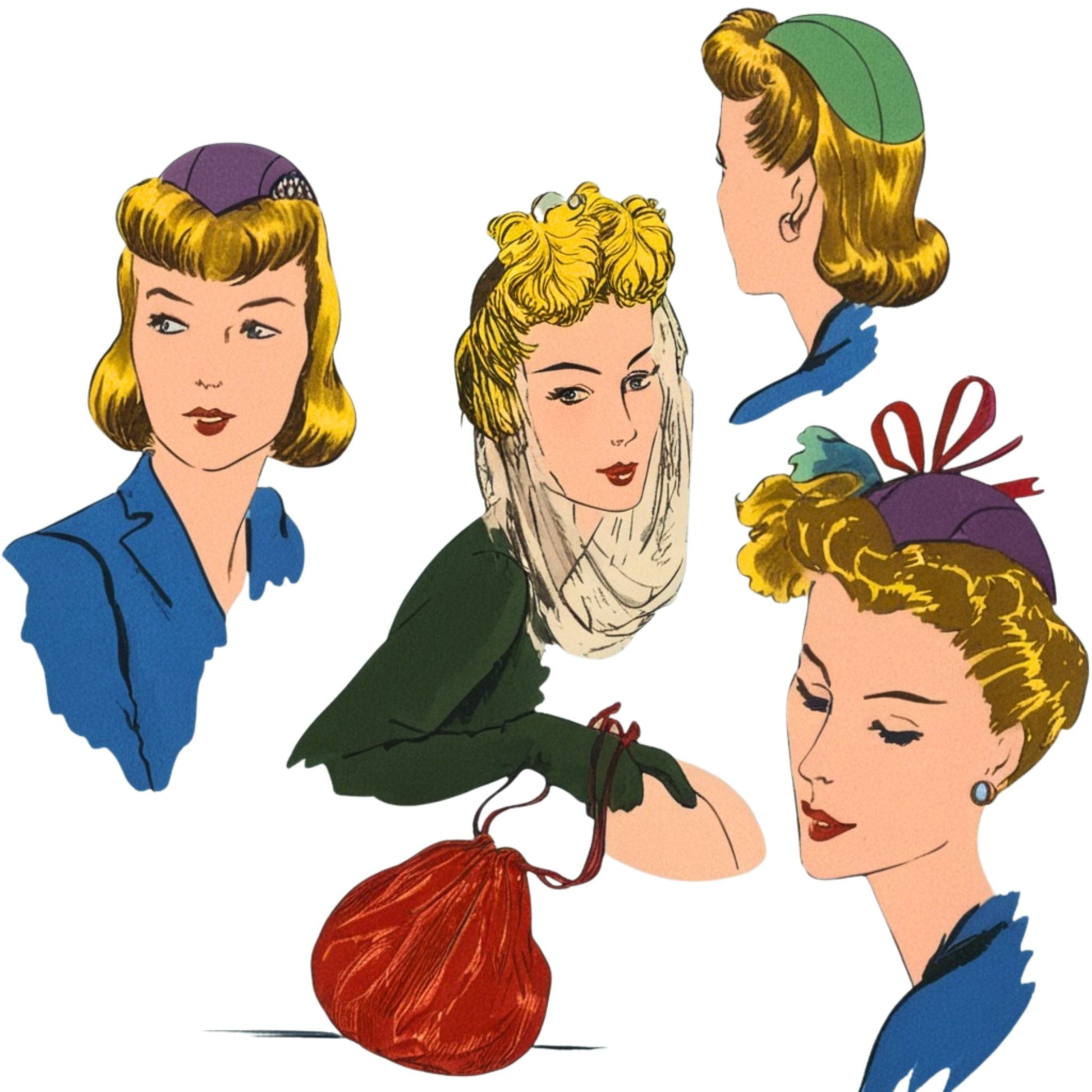 Illustrations of women with vintage hairstyles and clothing on a white background