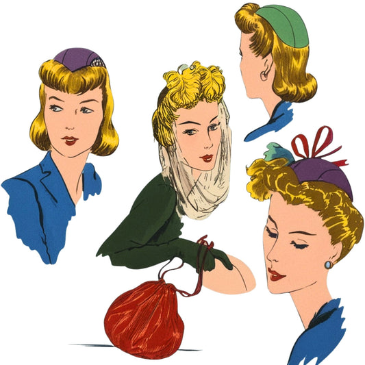 Illustrations of women with vintage hairstyles and clothing on a white background