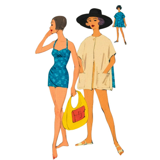 Illustration of two women in vintage beach attire with a smaller inset showing one of them.
