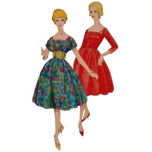 Two women wearing colorful dresses on a white background