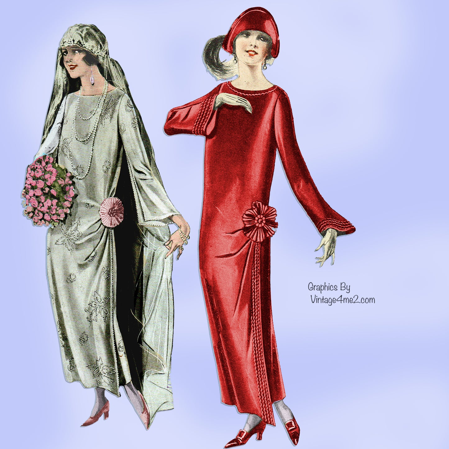 Models wearing 1920s wedding dress and formal dress in red and in white made from Pictorial Review 1940 pattern