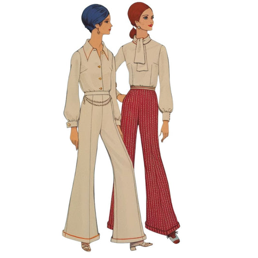 Illustration of two women wearing vintage clothing with wide-leg pants on a white background