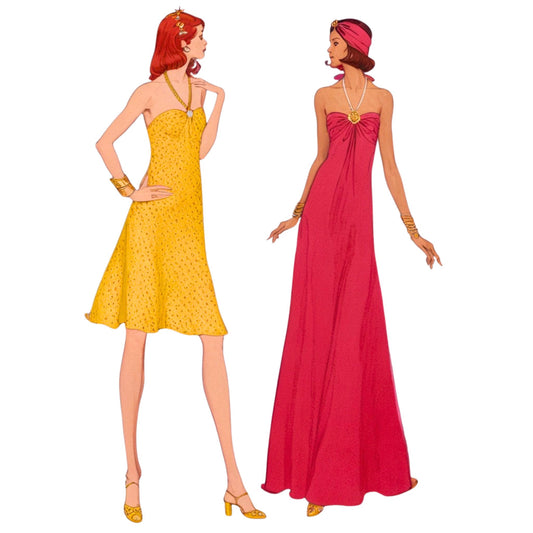 Two women wearing yellow and pink dresses on a white background