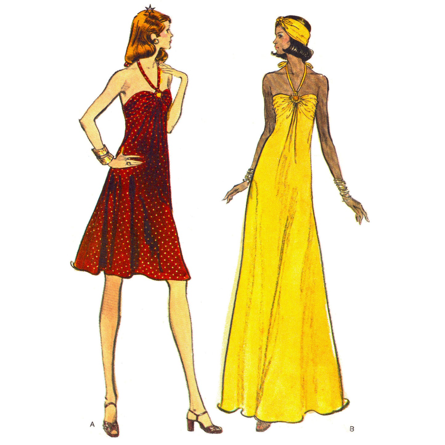 2 Models wearing above knee length and full length halter neck dress made using Vogue 8724 sewing pattern.