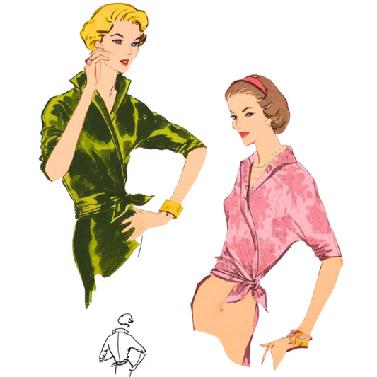 Illustration of two women wearing green and pink dresses with a small black line drawing below.