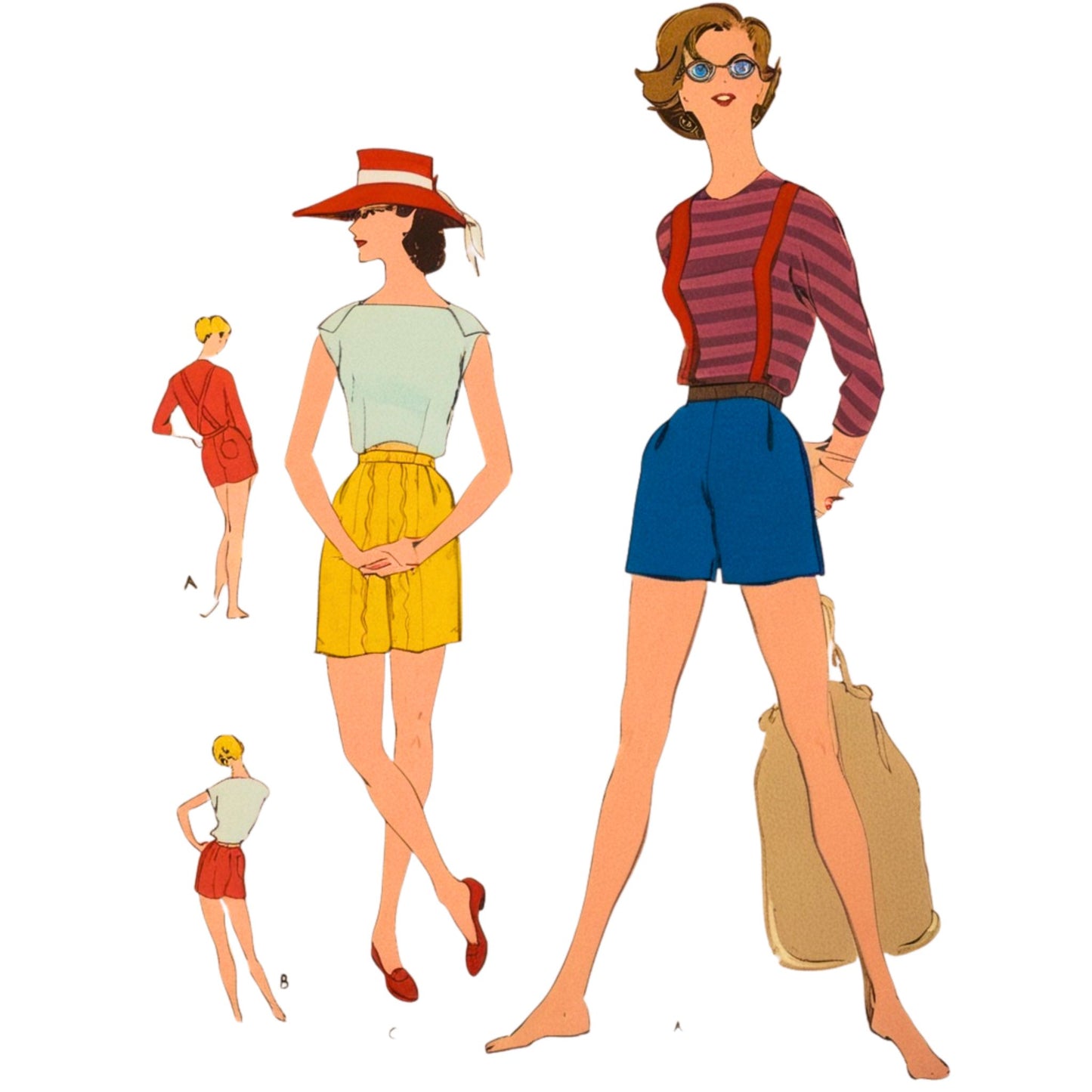 Illustration of a woman in summer attire with a smaller figure in the background.