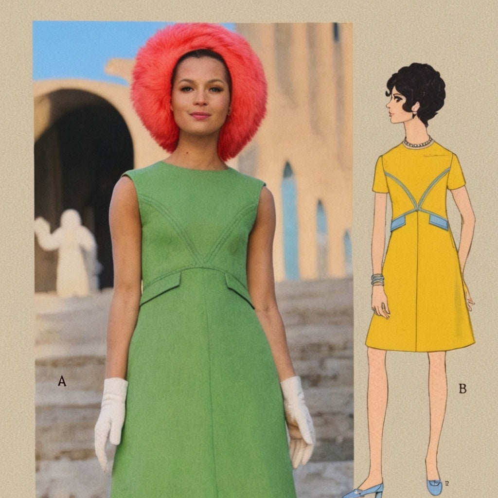 Woman in a green dress with a red hat and white gloves, next to a vintage illustration of a yellow dress.