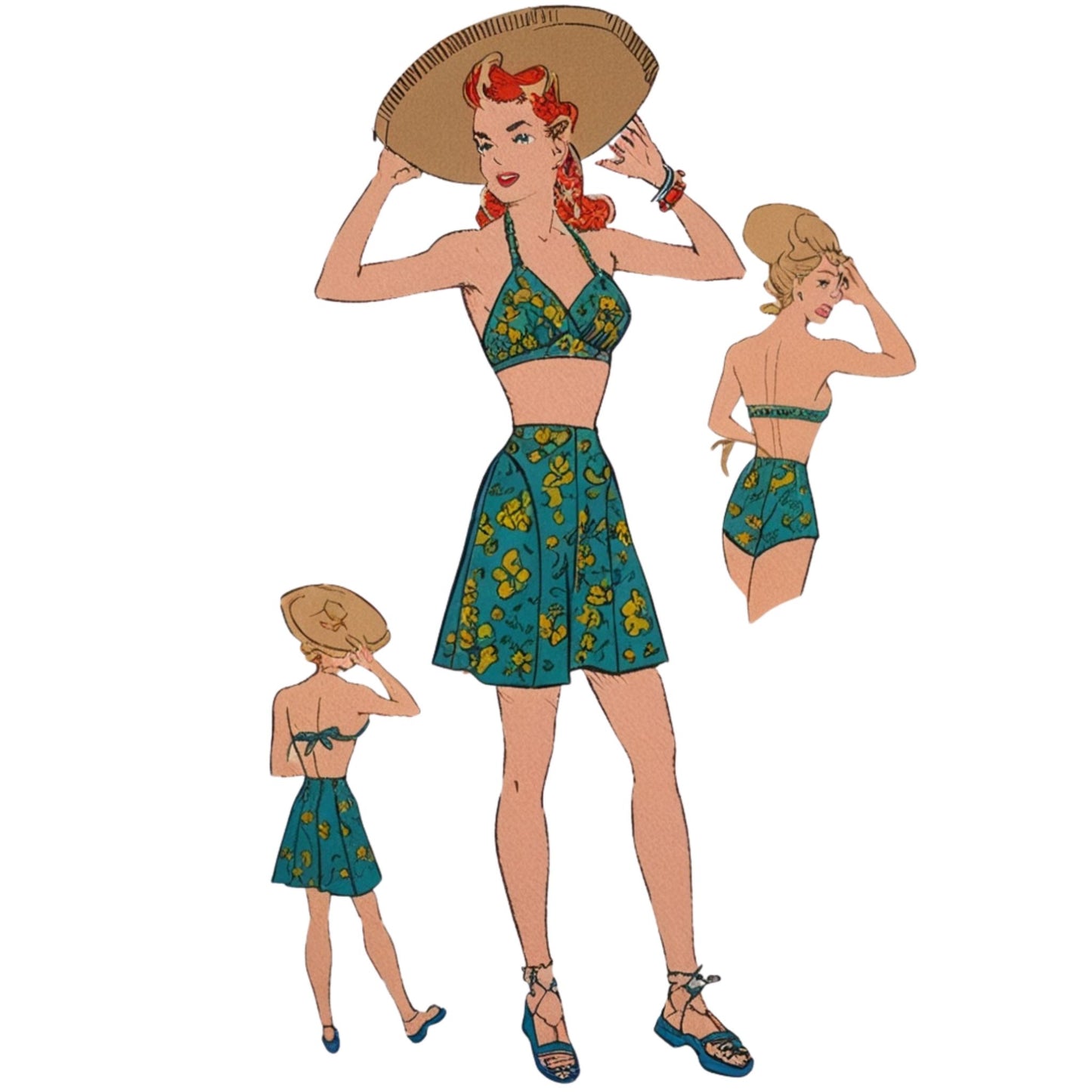 Illustration of a woman in a vintage-style swimsuit with a smaller figure beside her.