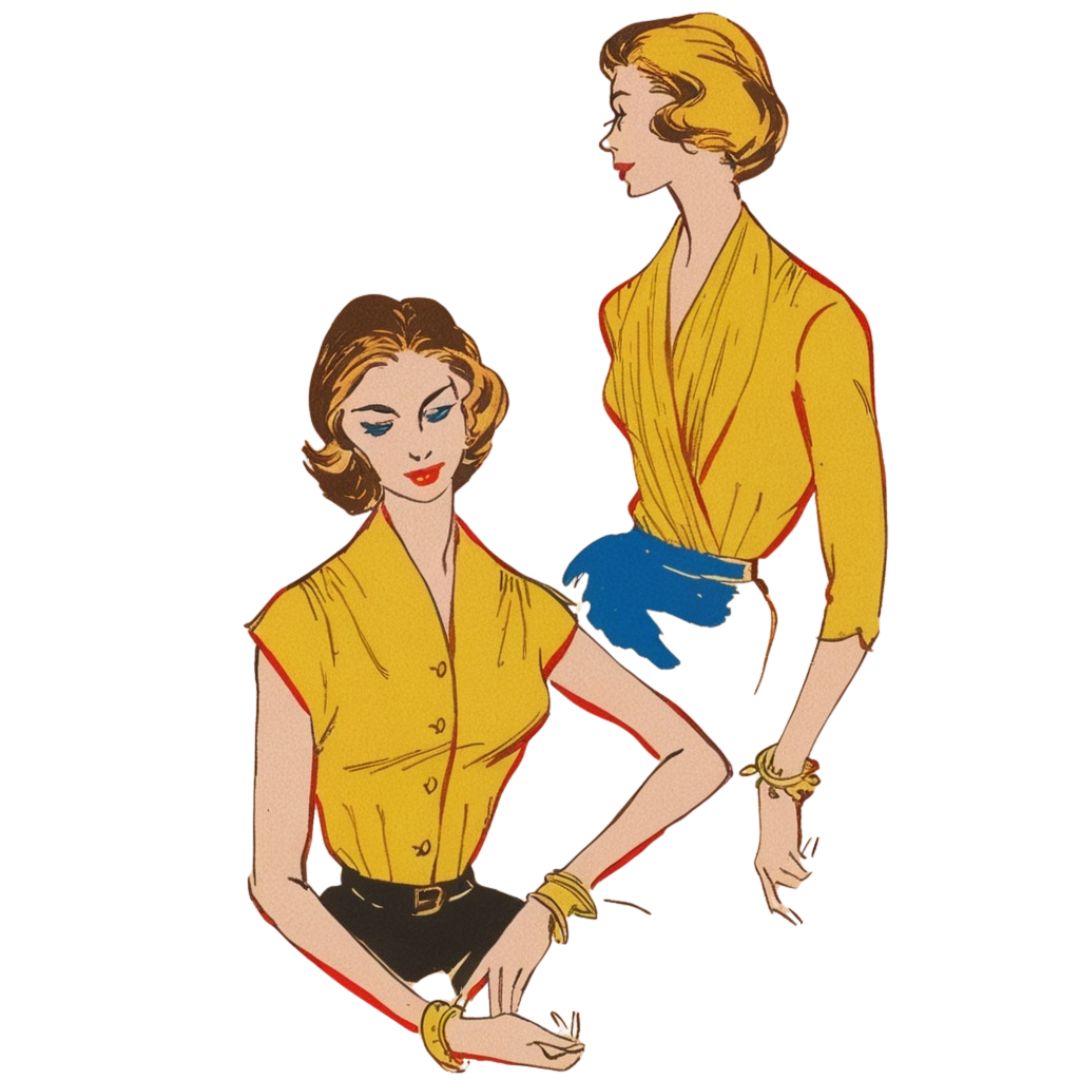 Illustration of two women wearing yellow tops with a blue object between them on a white background.