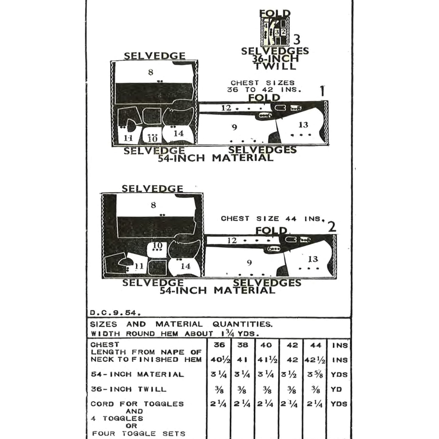 A black-and-white printed folding pattern sheet showing labelled front and back layout diagrams with measurements and a sizing table.