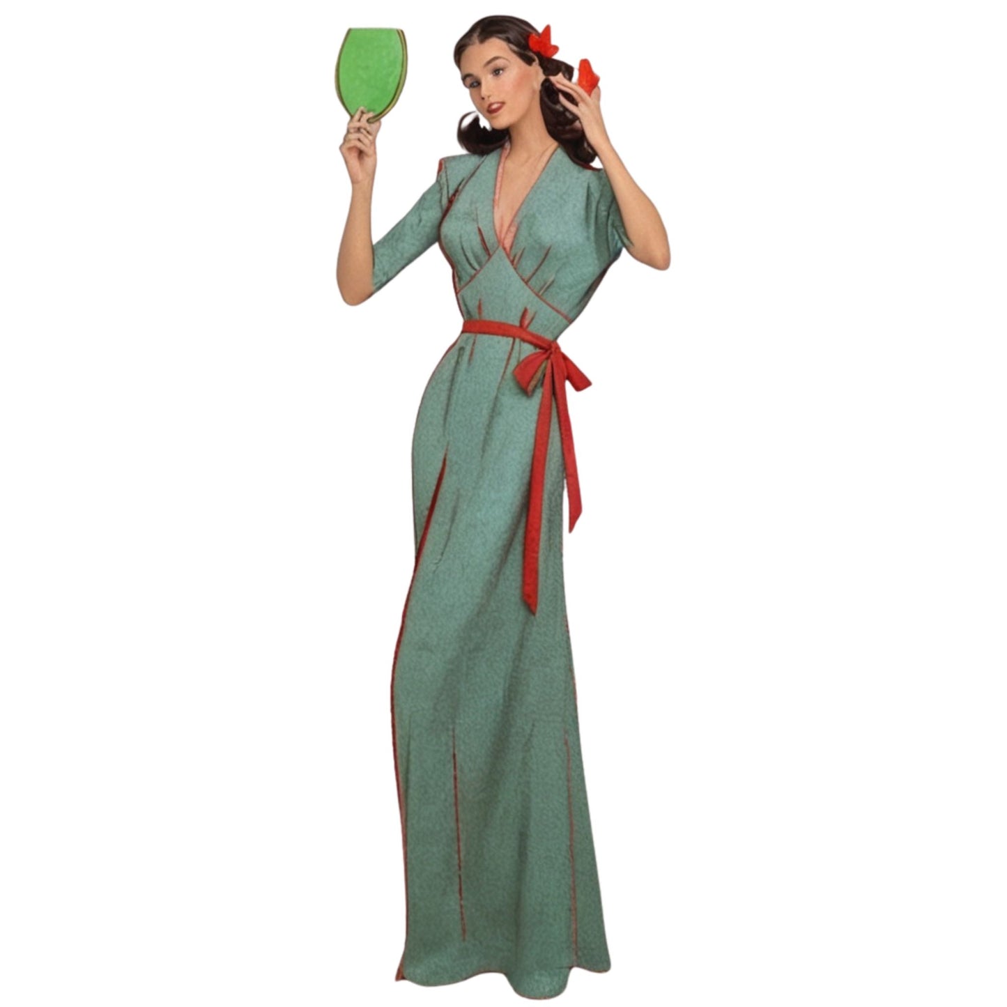 Model wearing long dress made from Weldons 159 pattern