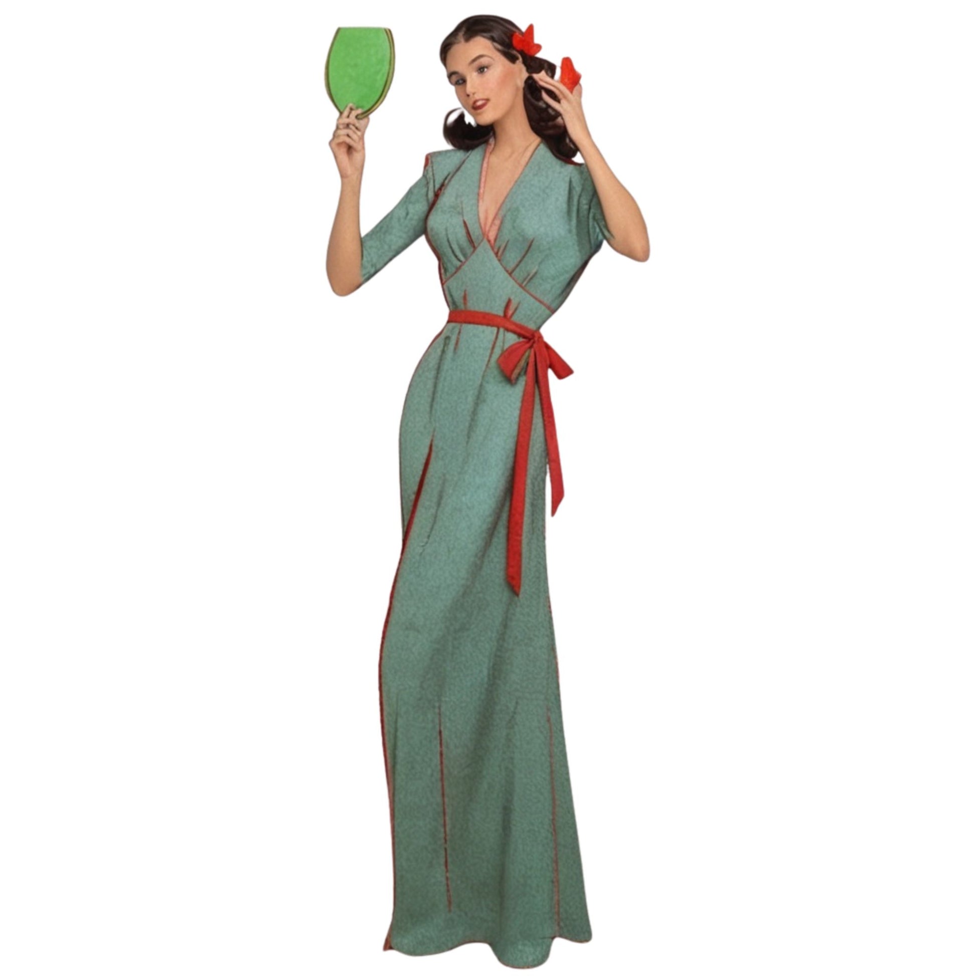 Model wearing long dress made from Weldons 159 pattern