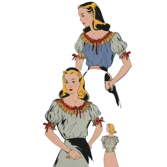 Vintage-style illustration of a woman in gypsey top with a white background