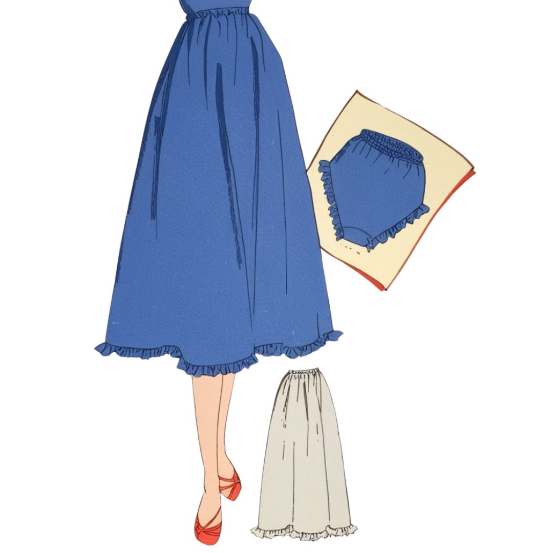 Illustration of a blue skirt with matching slip and pants on a white background