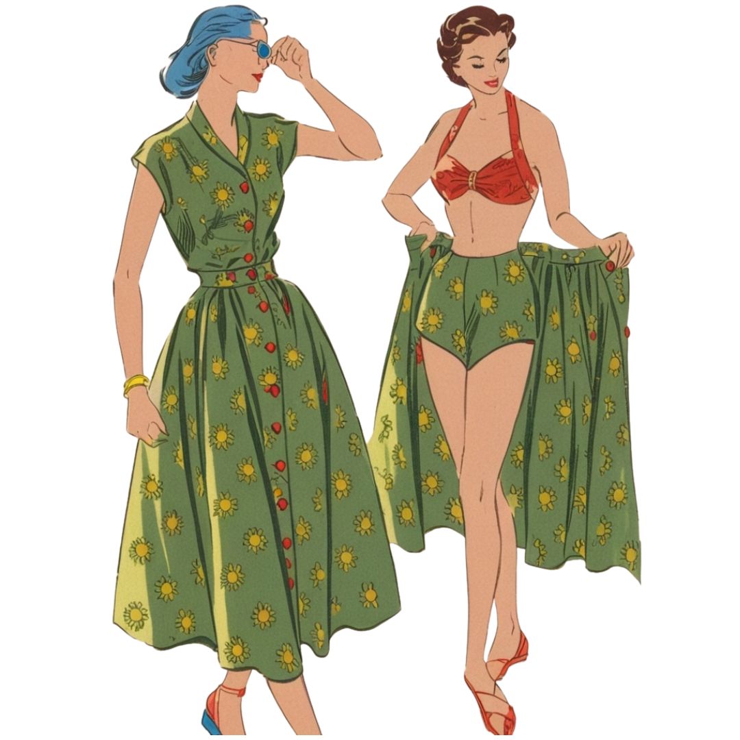 Two women wearing vintage-style clothing with floral patterns on a white background