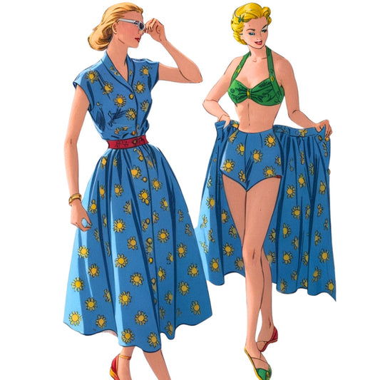 Two women wearing vintage-style clothing with floral patterns on a white background