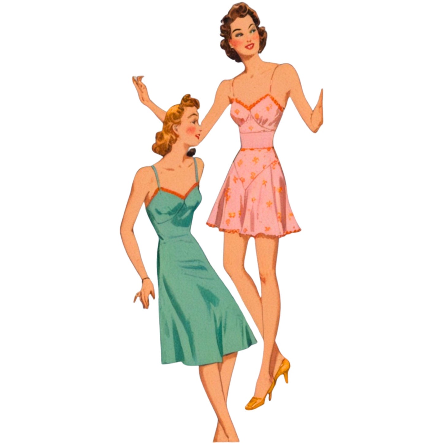 Two vintage-style women in colorful dresses on a white background