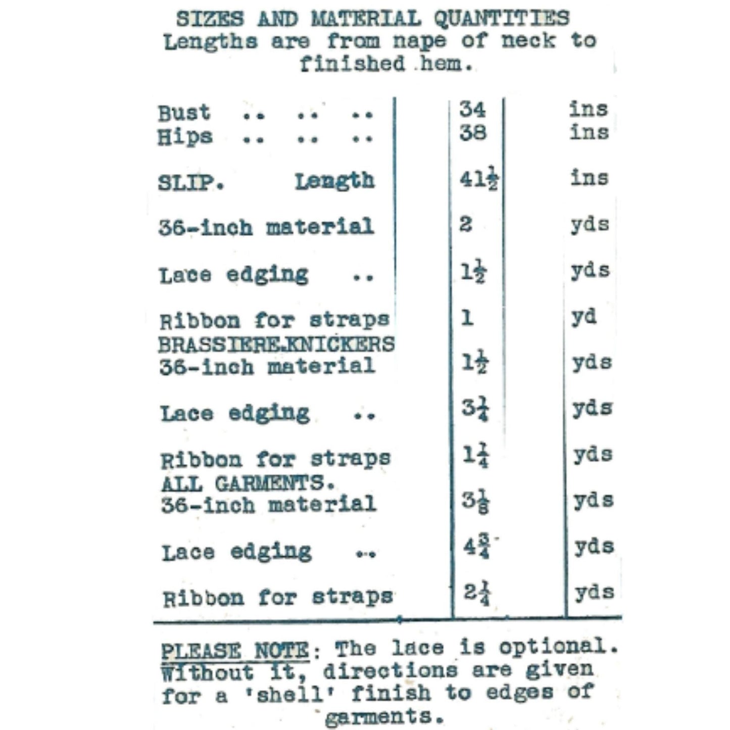 1940s Pattern, Slip, Bra & Knickers - Bust 34" (86.36cm)