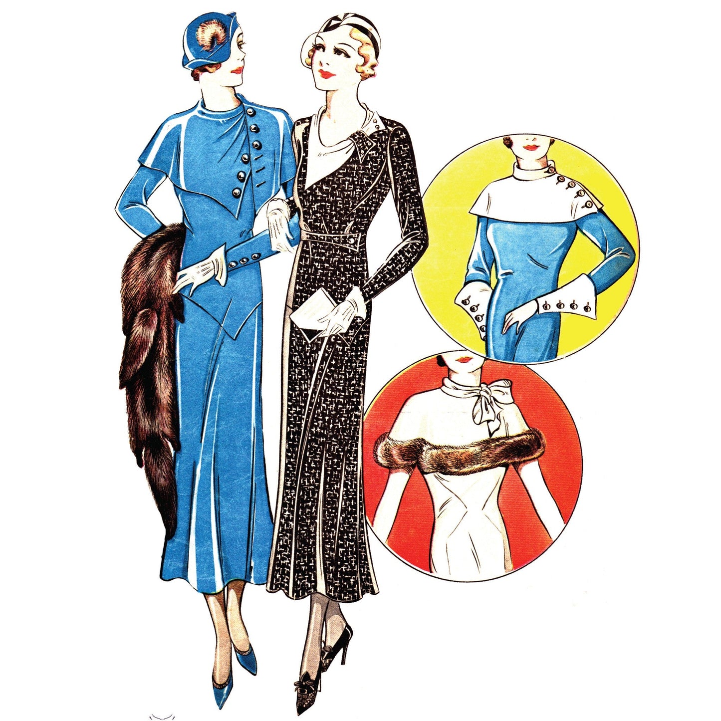 Models wearing variations of the dress with variations to cape collars and cuffs made from Weldons 644 pattern
