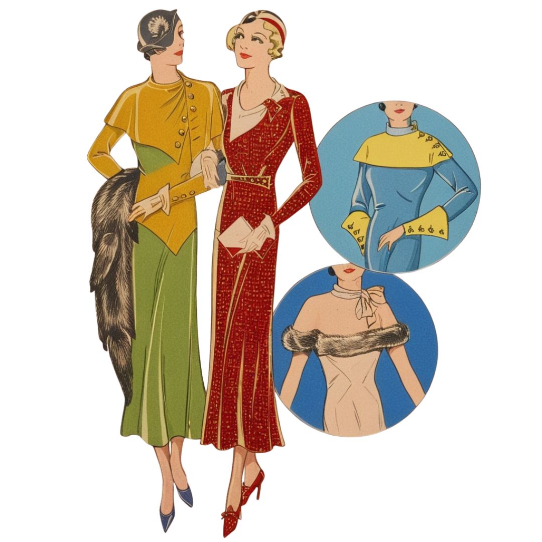 Illustration of two women in vintage clothing with close-up insets on a white background