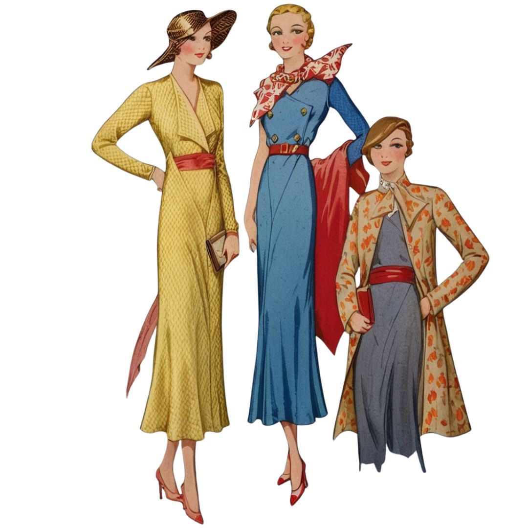 Three women in vintage-style clothing on a white background