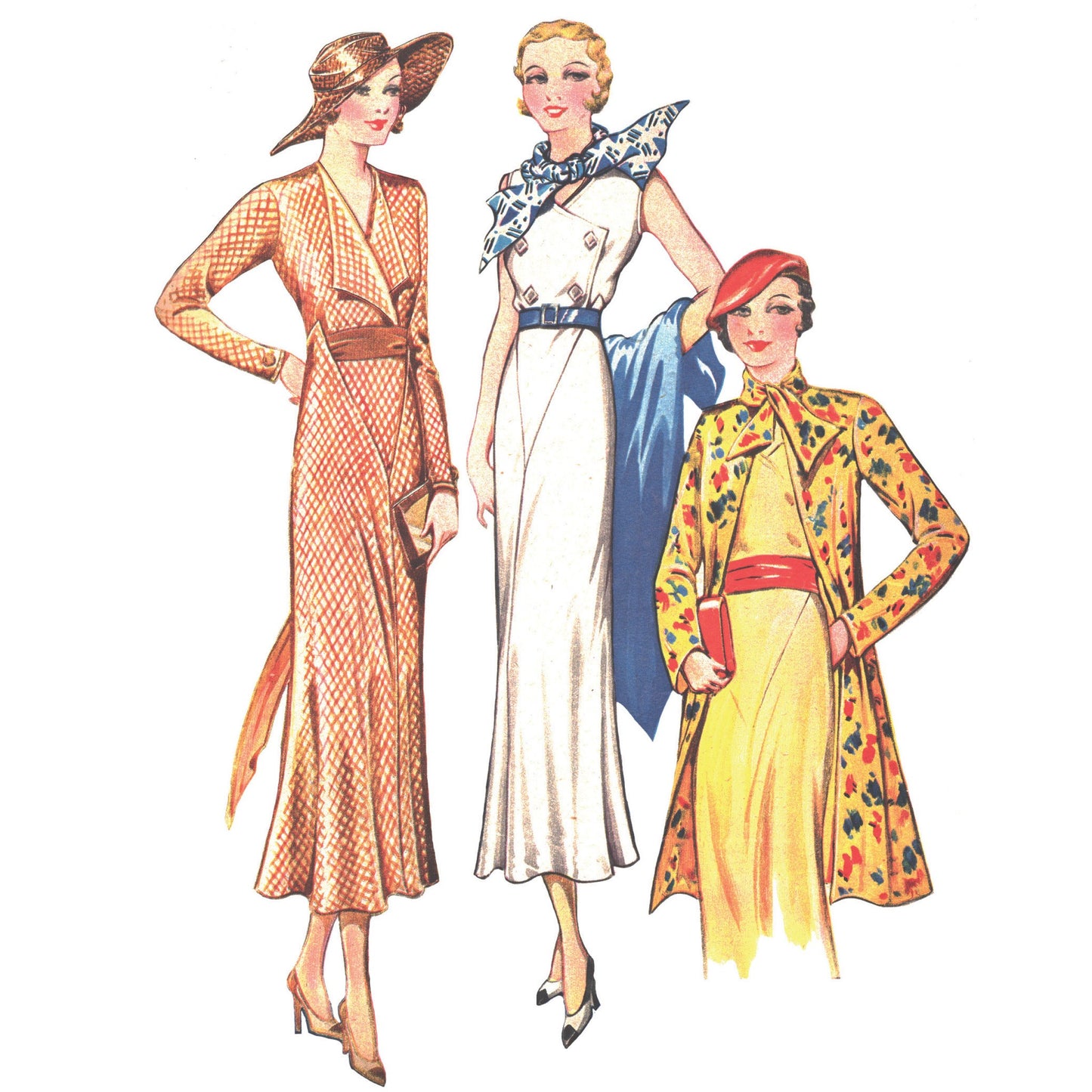 Models wearing variations of the dress with long and short sleeves and a coat with tied neck made from Weldons 647 pattern