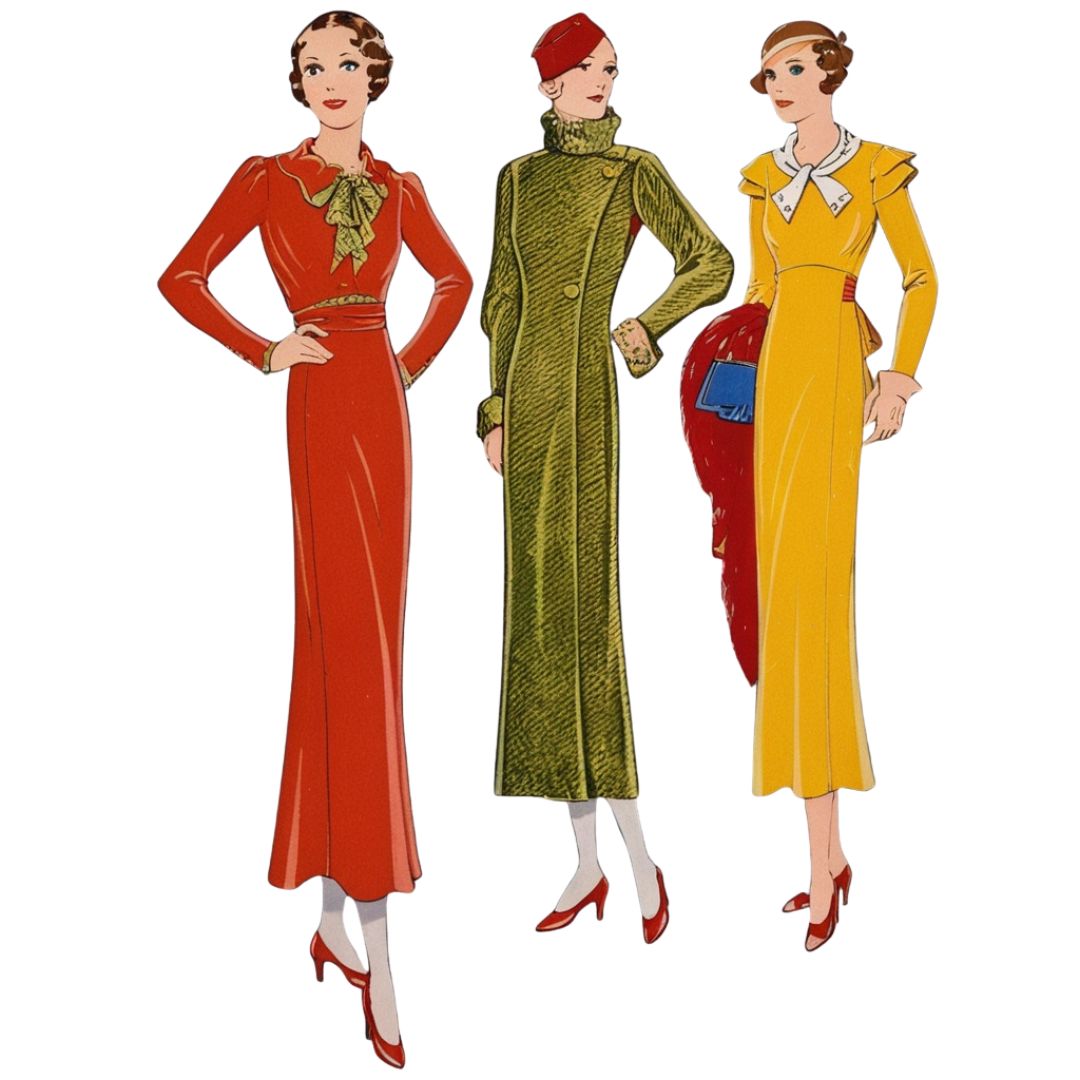   Illustrations of models wearing 1930’s dress in two variations, with high collar and epaulettes and another wearing a smart coat made from Weldons 653 pattern
