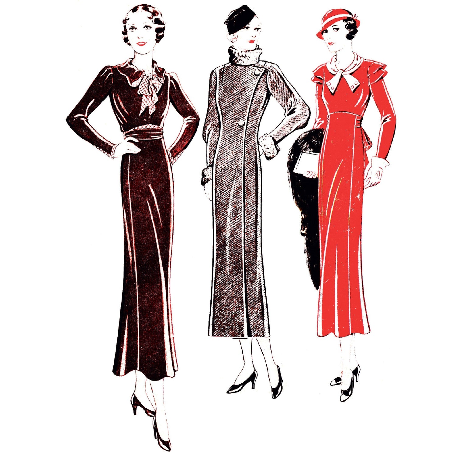   Illustrations of models wearing 1930’s dress in two variations, with high collar and epaulettes and another wearing a smart coat made from Weldons 653 pattern
