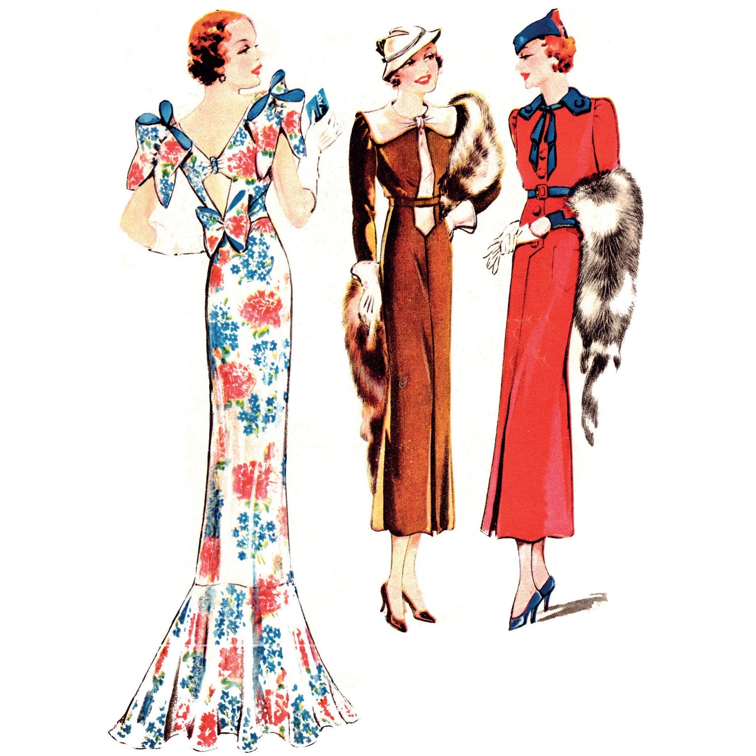 Illustrations of models wearing 1930’s dress in two variations and another wearing a ball gown with bows to back made from Weldons 655 pattern