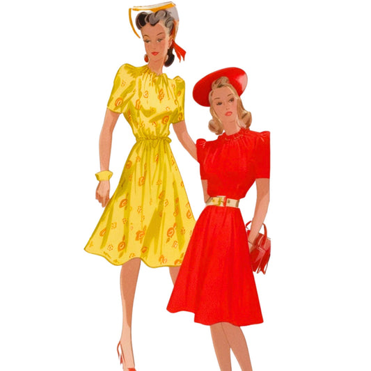 Two women in vintage-style dresses on a white background