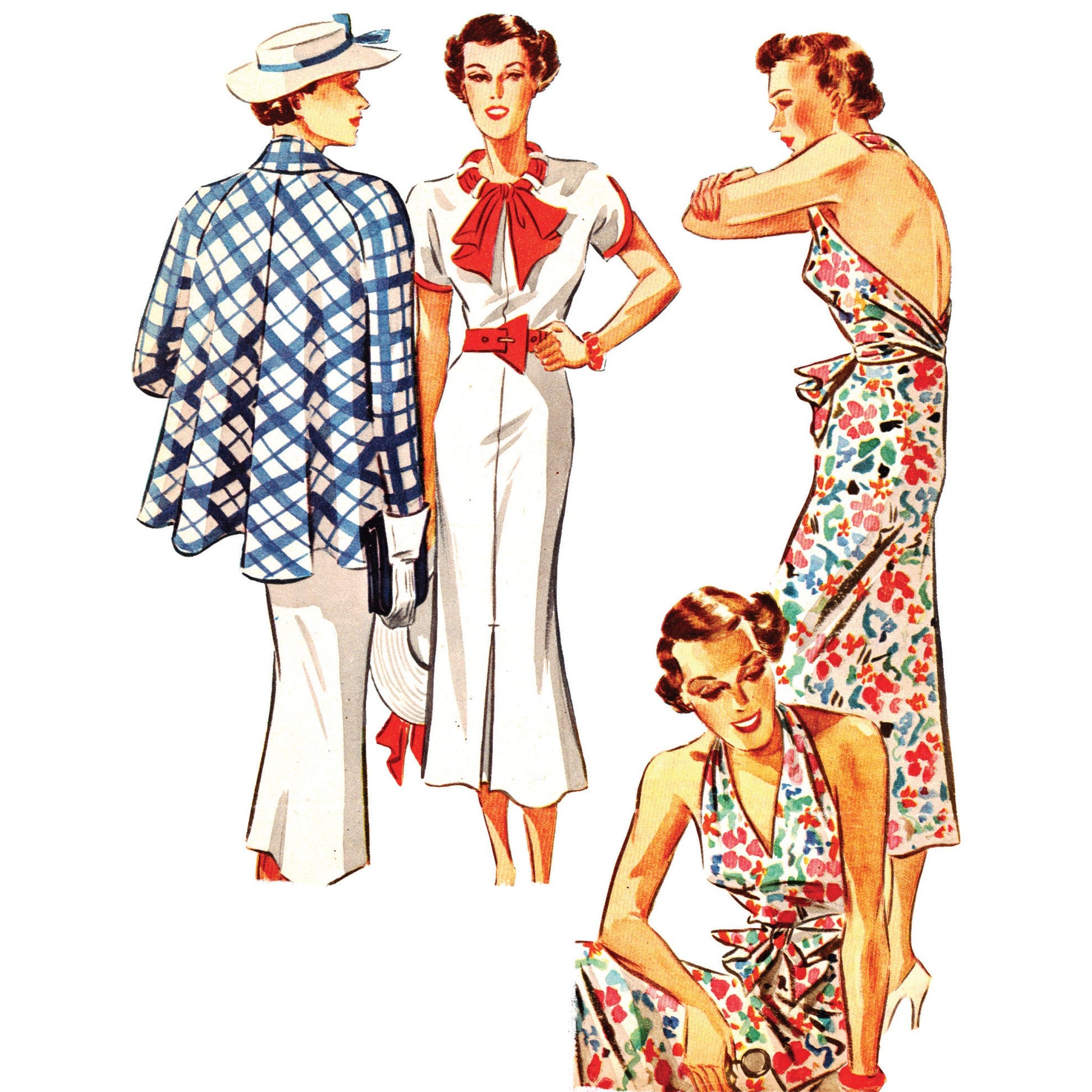 Illustrations of models wearing 1930’s dress in 2 variations for evening wear  and swing back coat made from Weldons 685 pattern