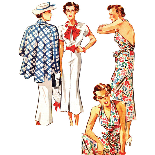   Illustrations of models wearing 1930’s dress in 2 variations for evening wear  and swing back coat made from Weldons 685 pattern