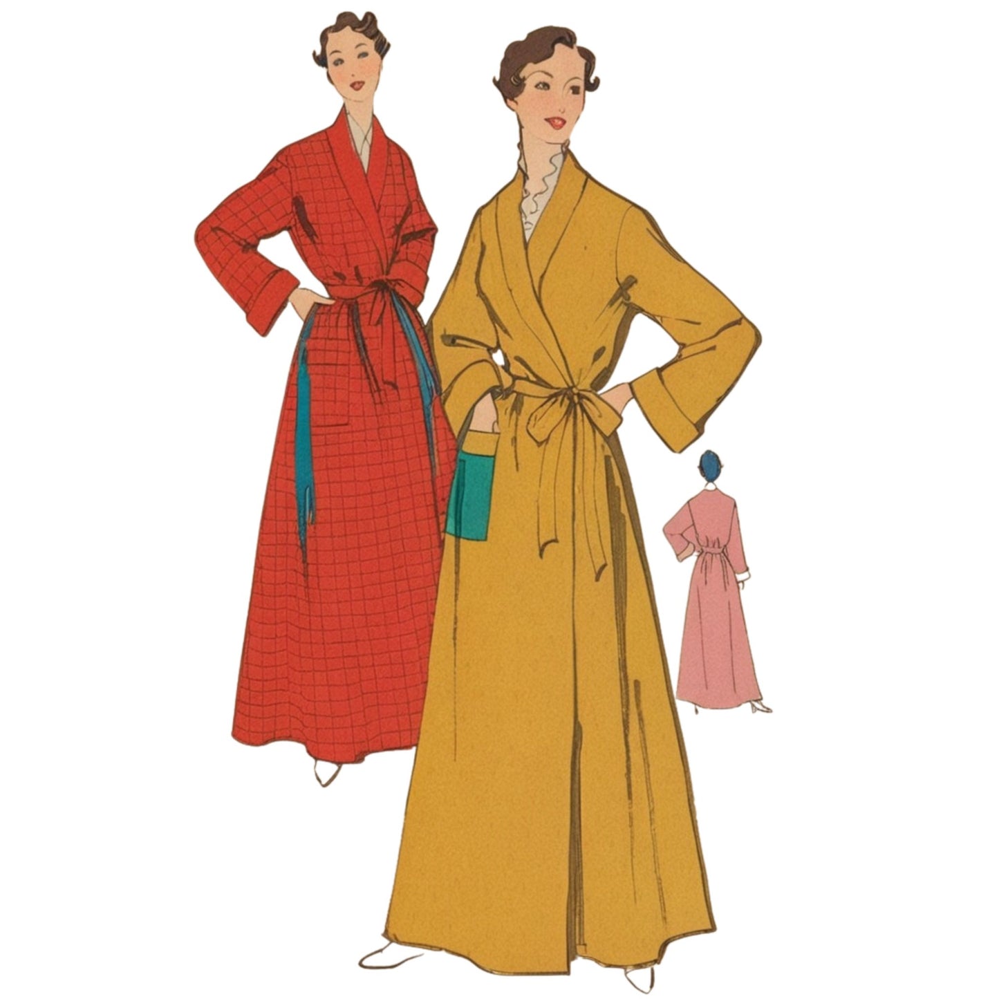 Illustration of two women wearing colorful robes with a small inset of a pink robe.