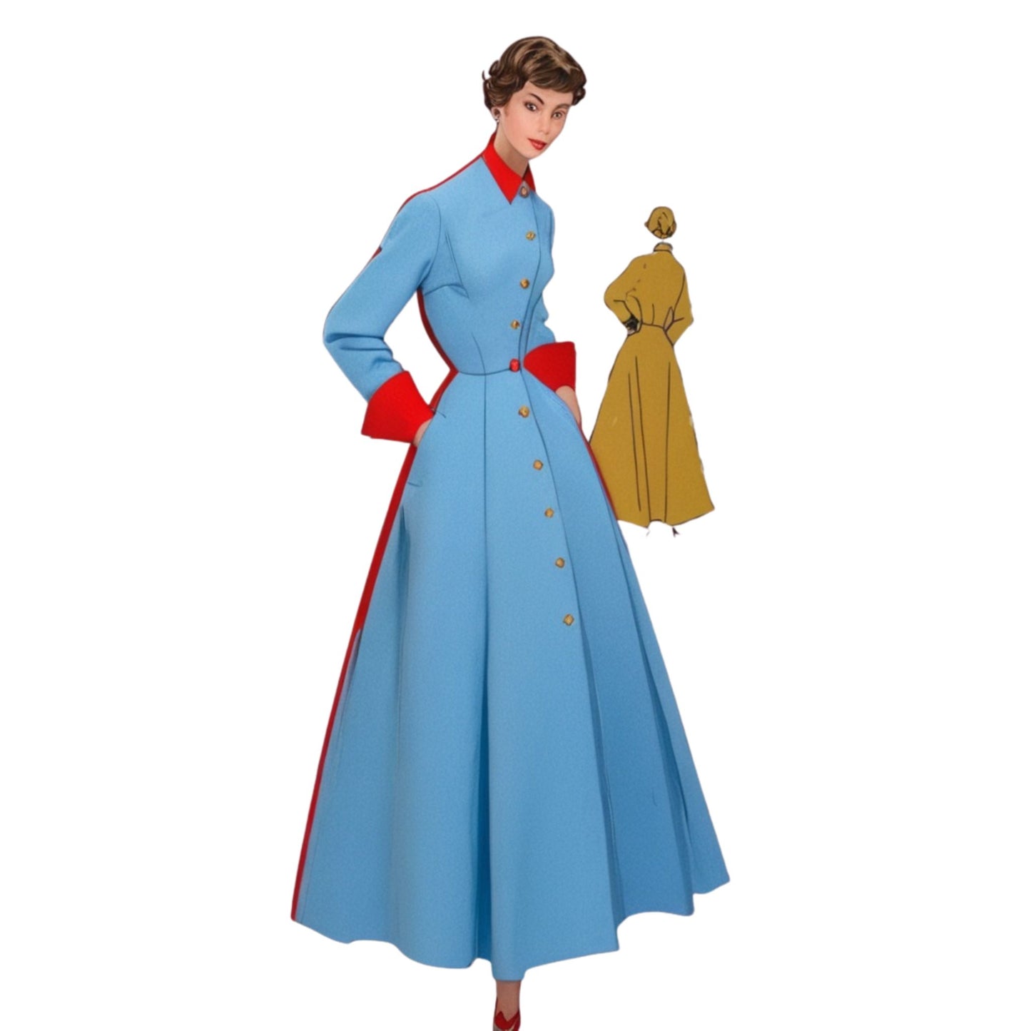 Woman wearing a blue dress with red accents, standing next to a smaller inset image of a yellow dress.