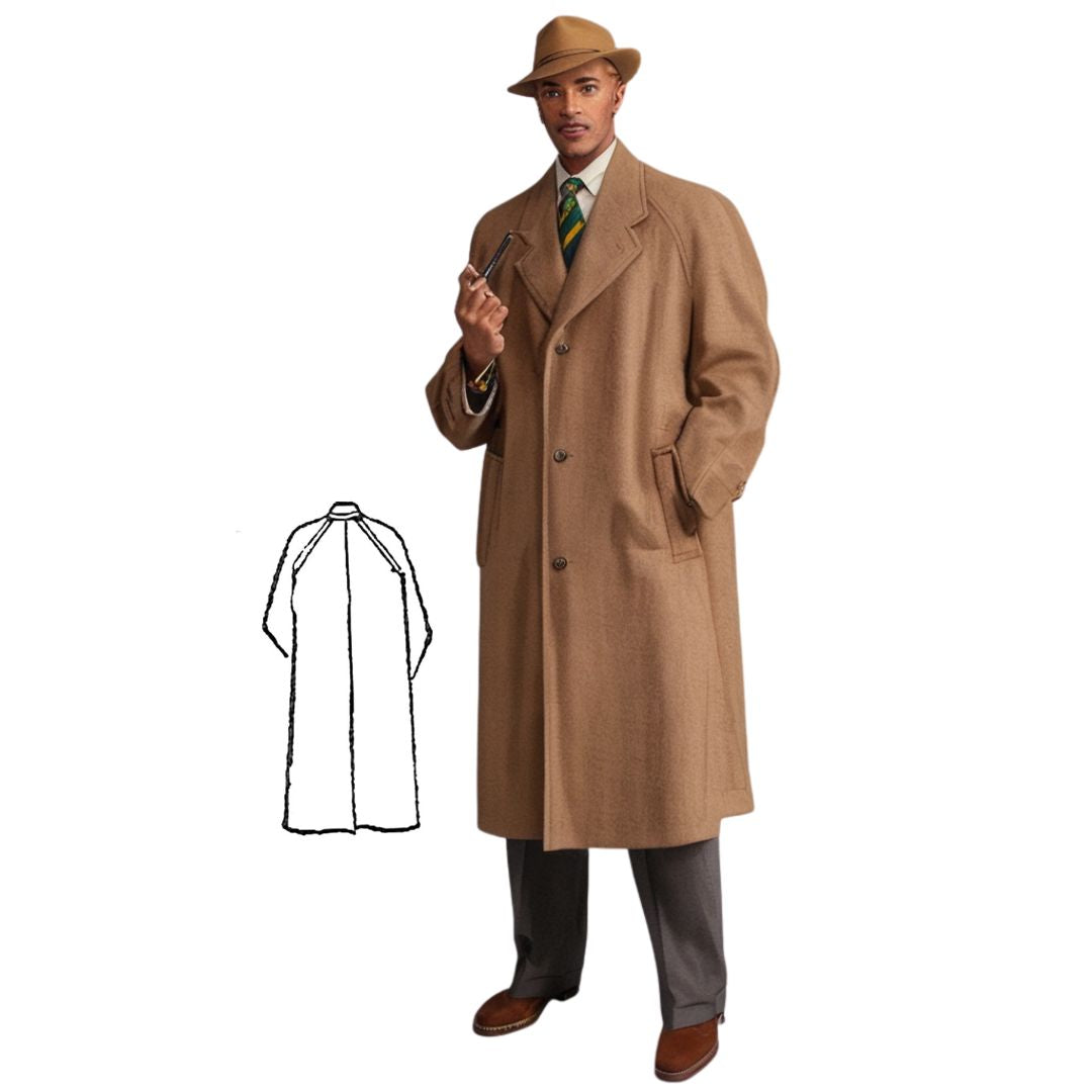Man wearing a long tan coat with a hat and holding a pipe on a white background
