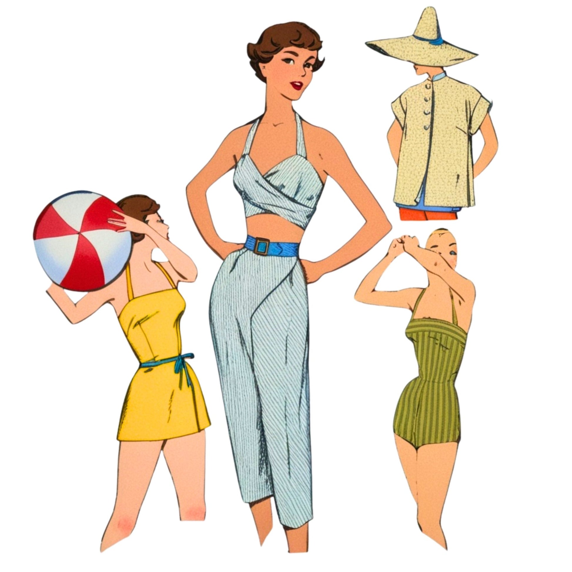 Illustrations of women in vintage beachwear on a white background