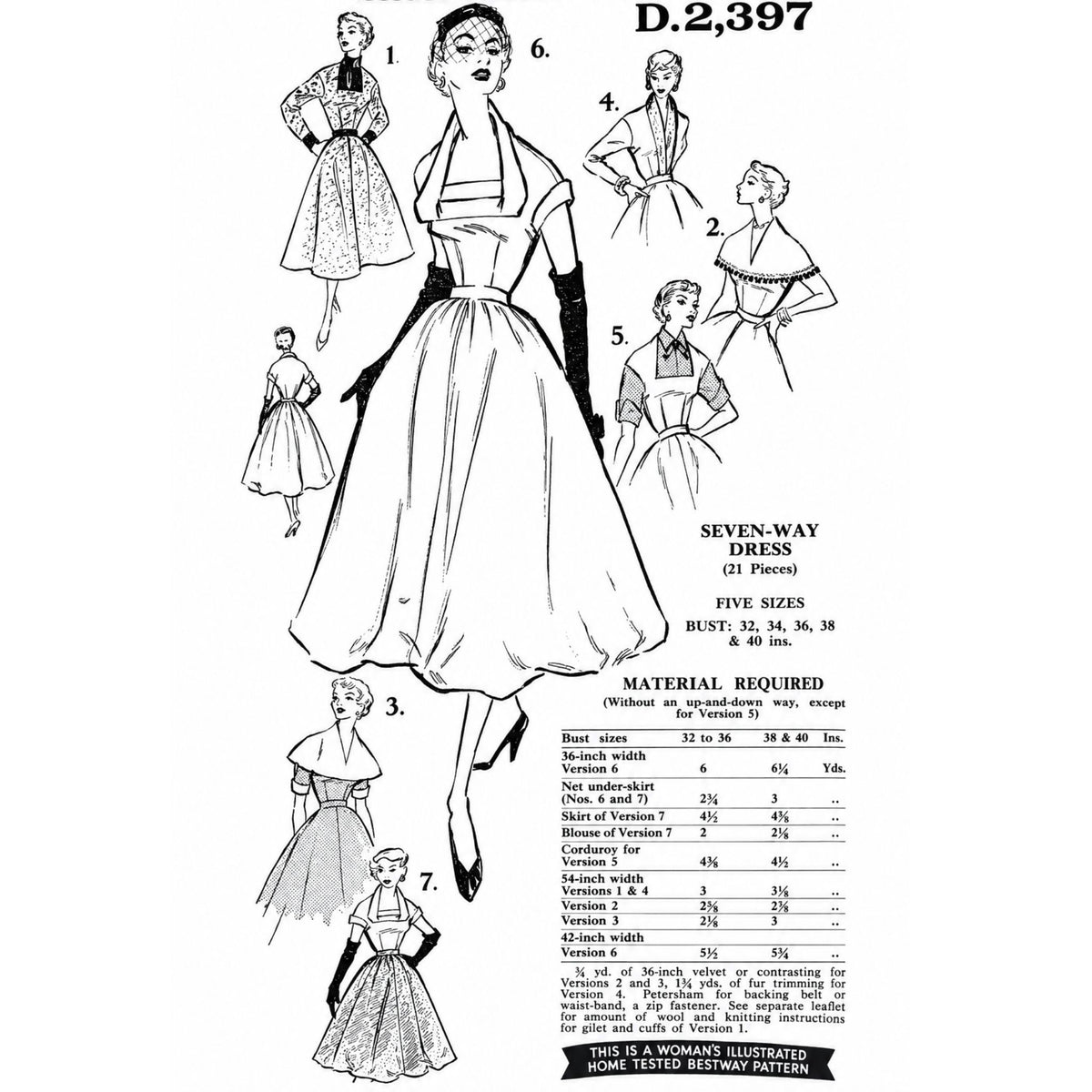 Vintage sewing pattern cover for D.2,397 'Seven-Way Dress' showing black line drawings of different dress styles on a white page with size and material information.