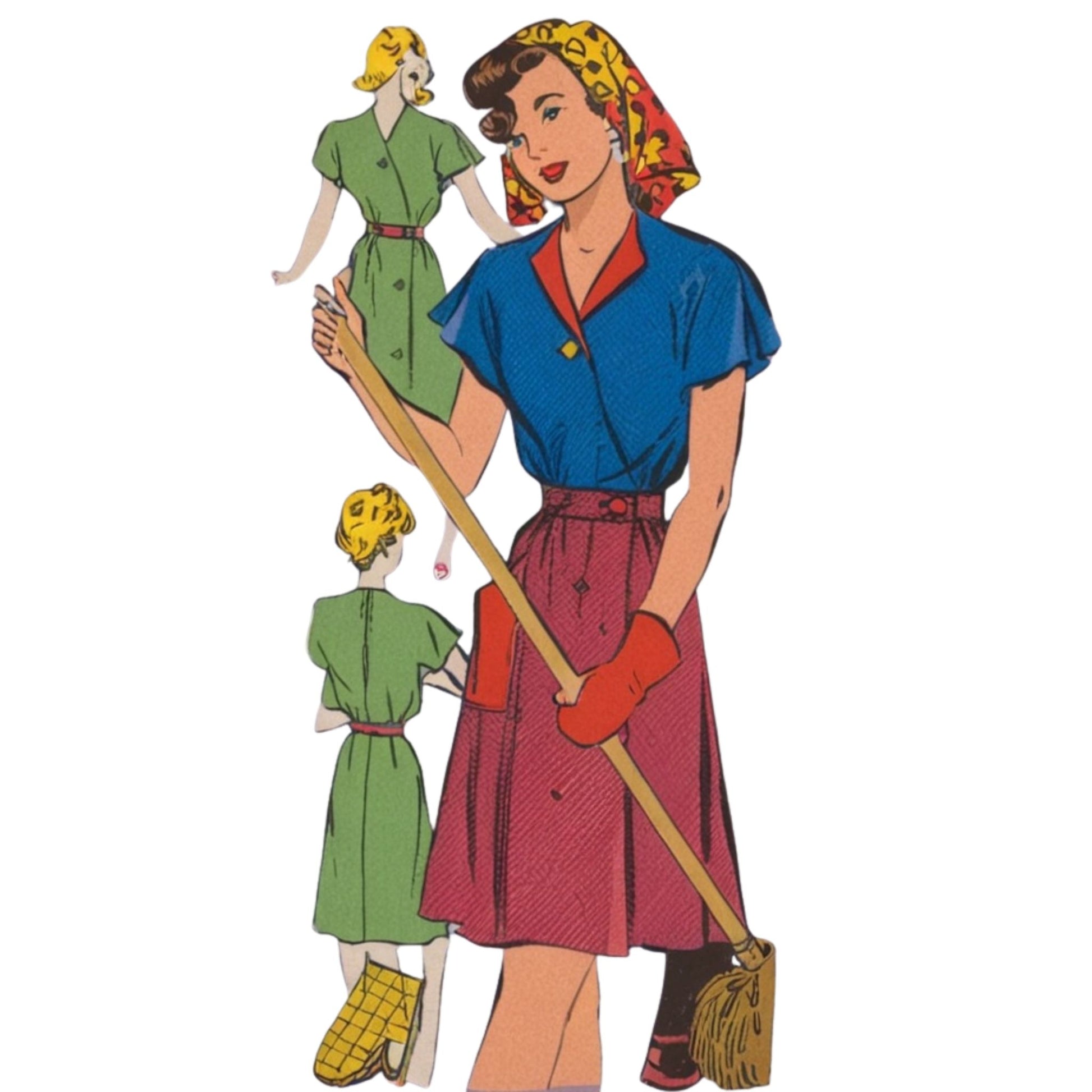 Vintage-style illustration of a woman holding a broom with two smaller figures beside her.