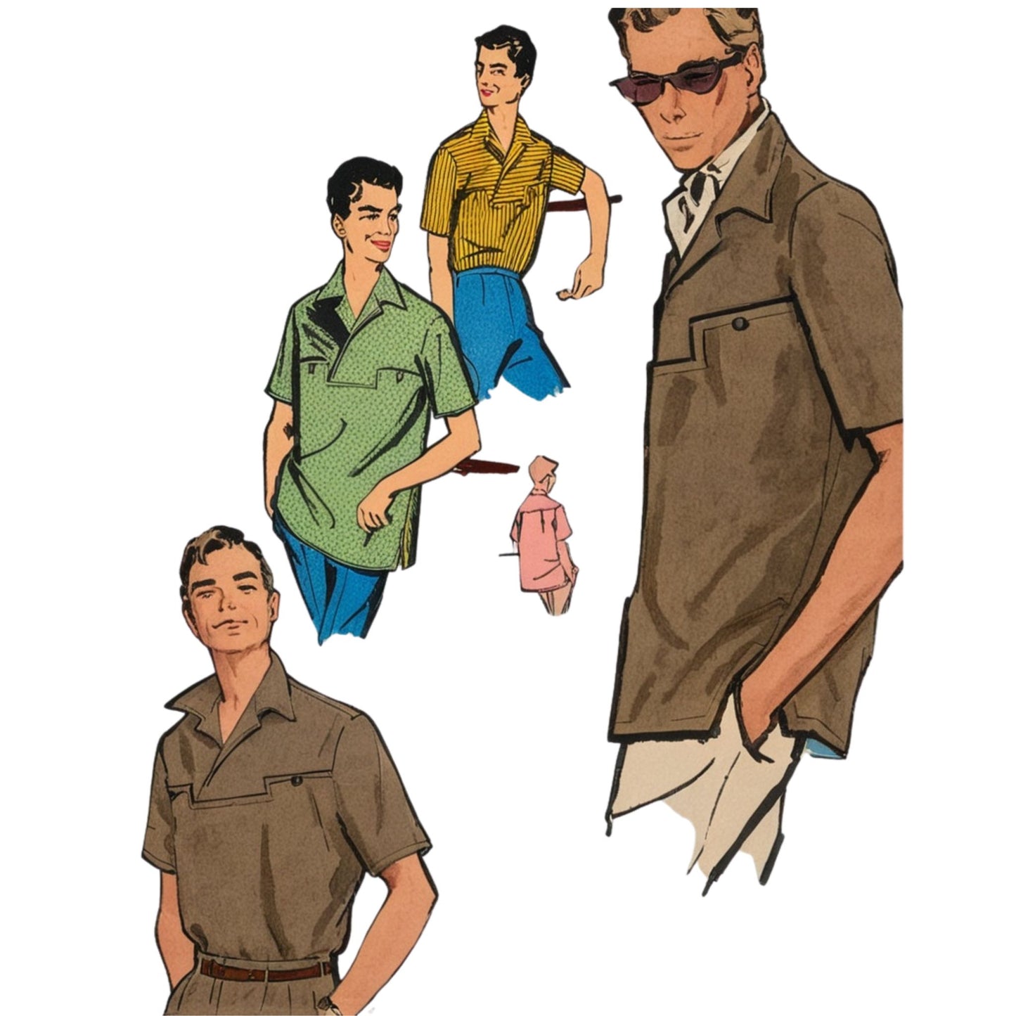 Vintage-style illustration of men in different outfits on a white background