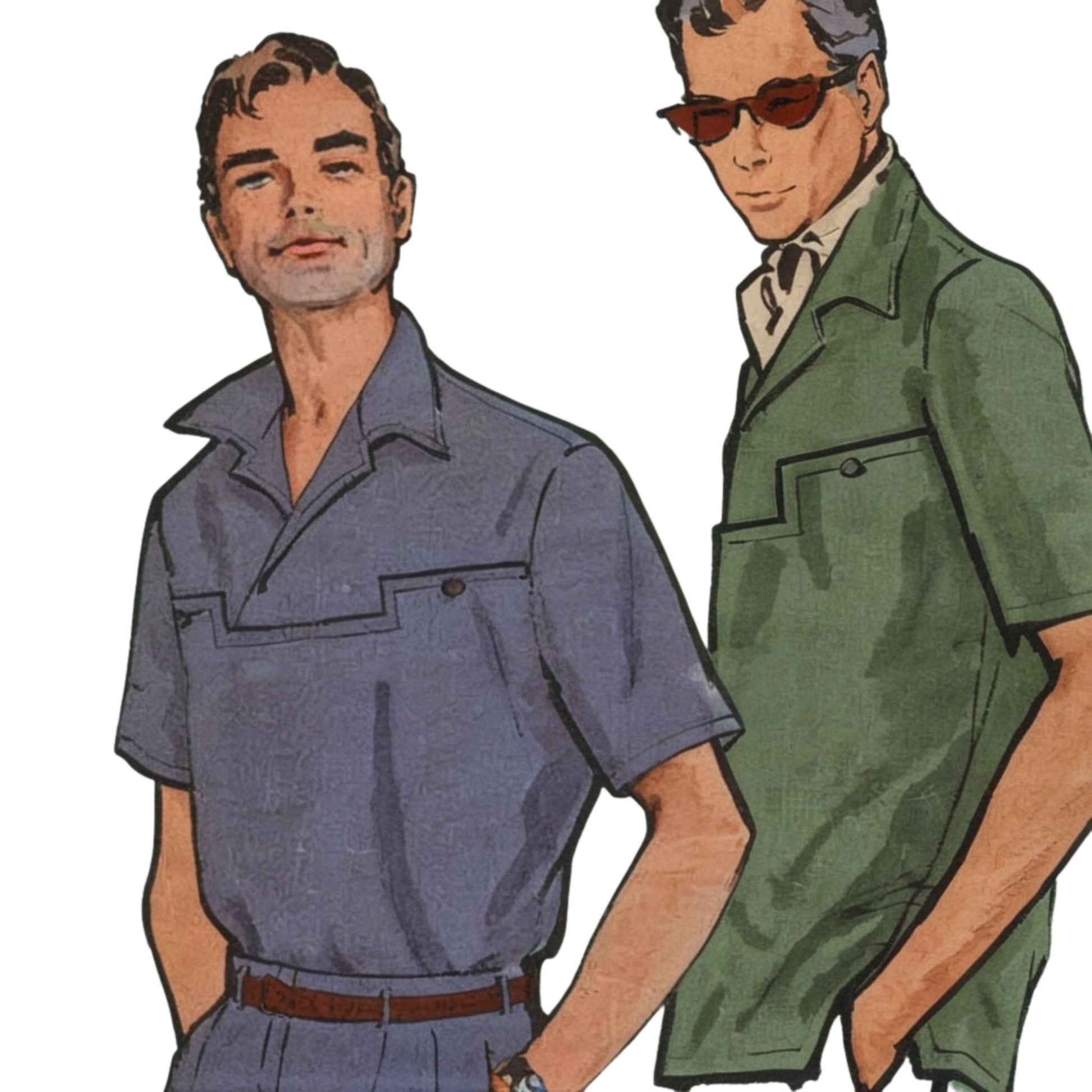 Two men wearing vintage-style work uniforms on a white background