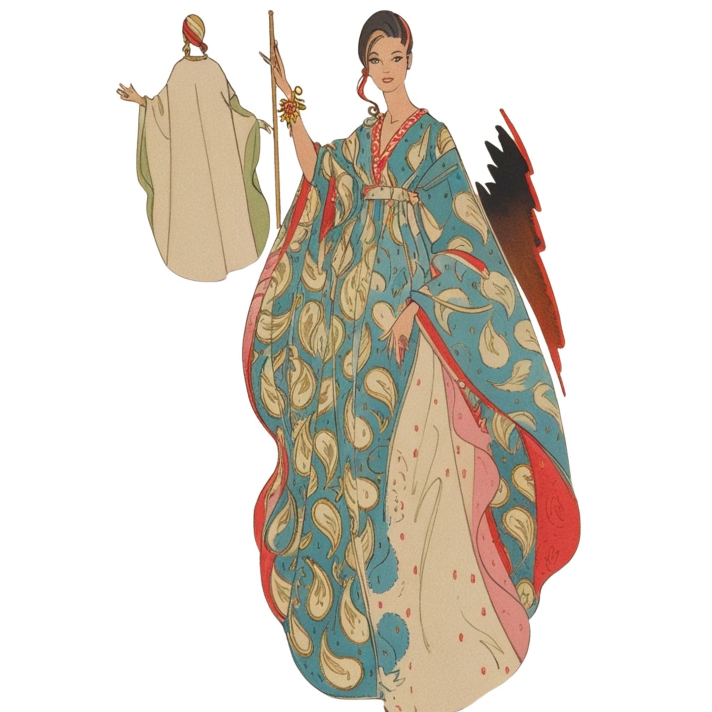 Illustration of a woman in a detailed, patterned dress with a white background