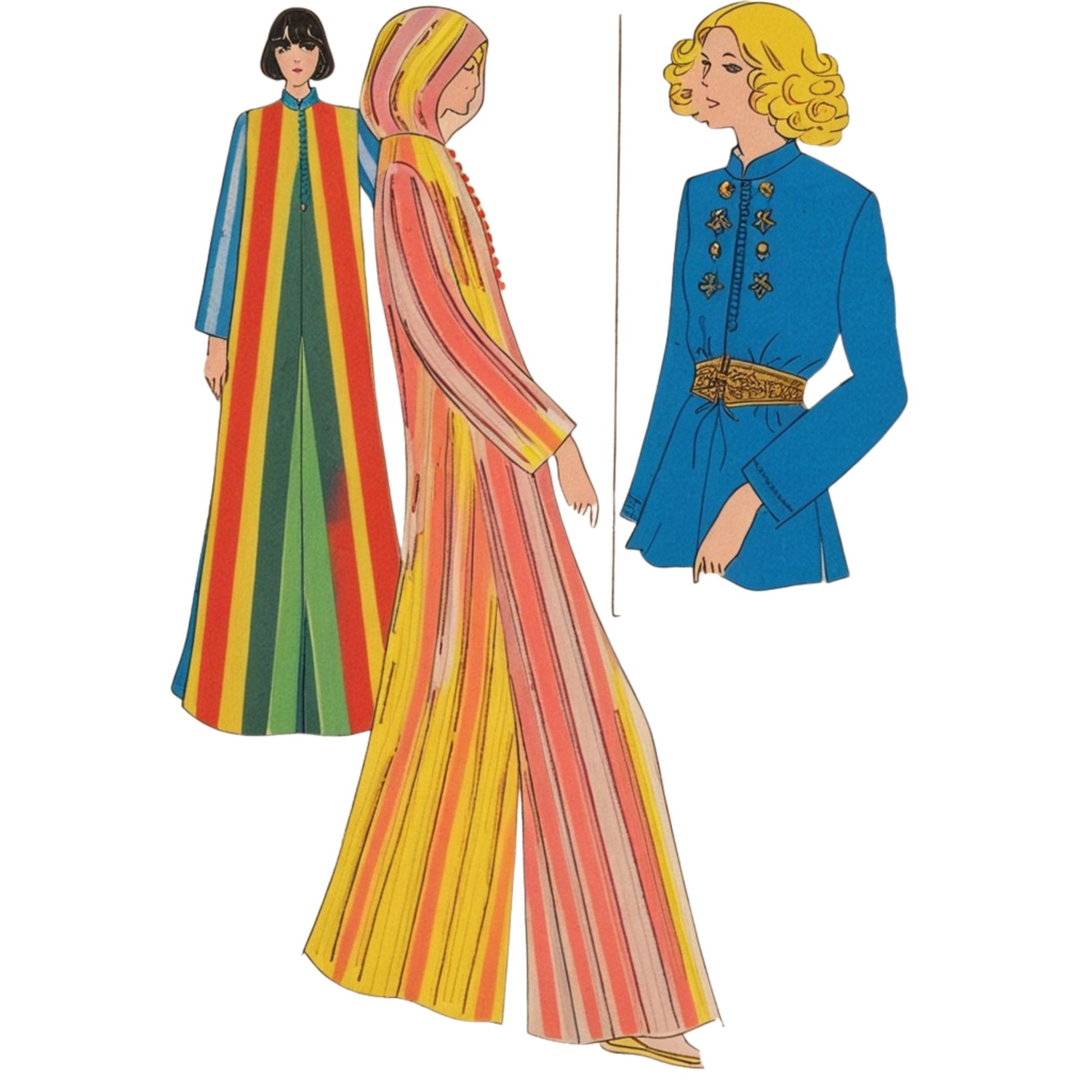 Three vintage-style outfits on a white background