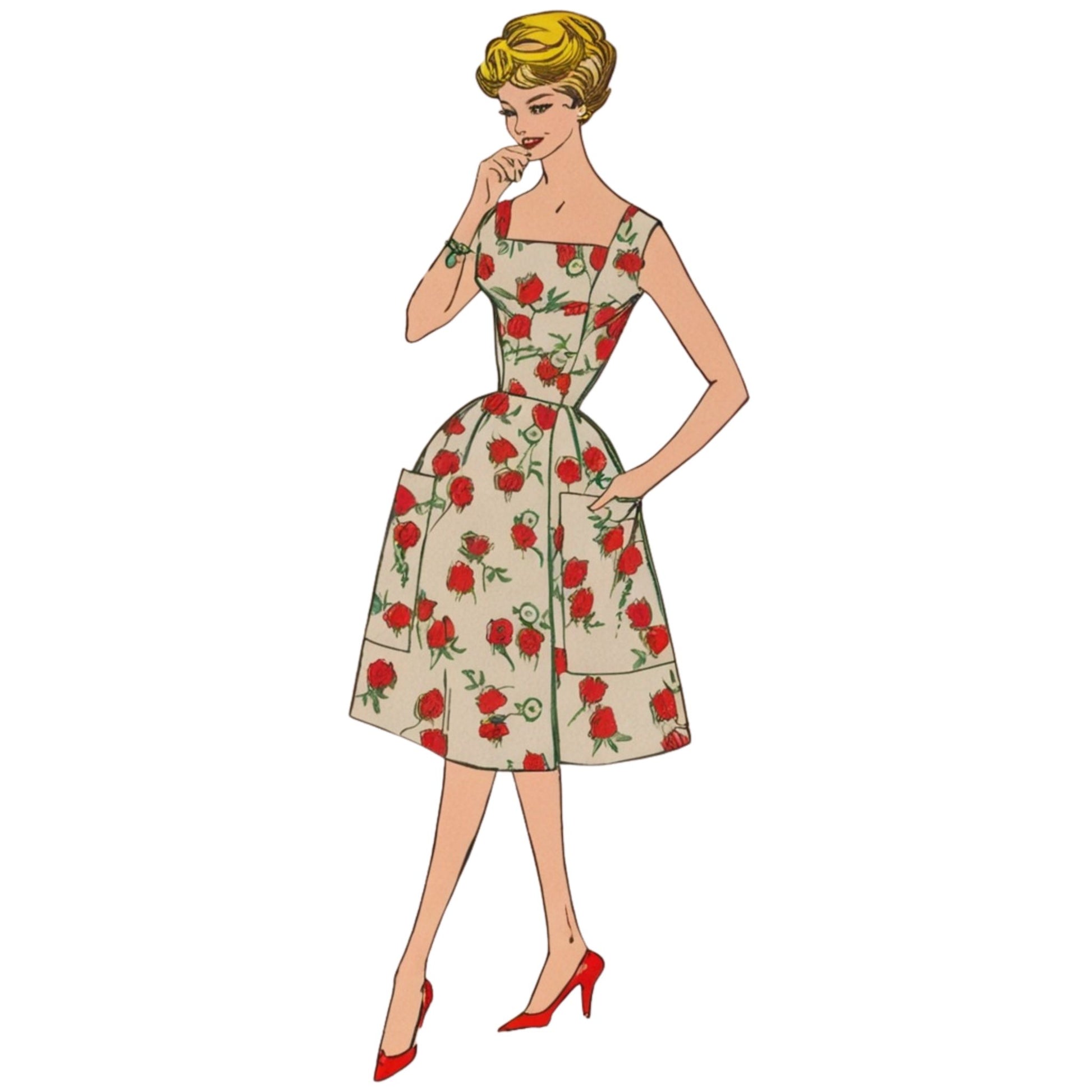 Illustration of a woman wearing a floral dress on a white background